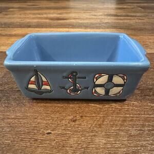 Nantucket Mini Ceramic Loaf Pan Blue Nautical Design Zucchini Banana Bread Flaw